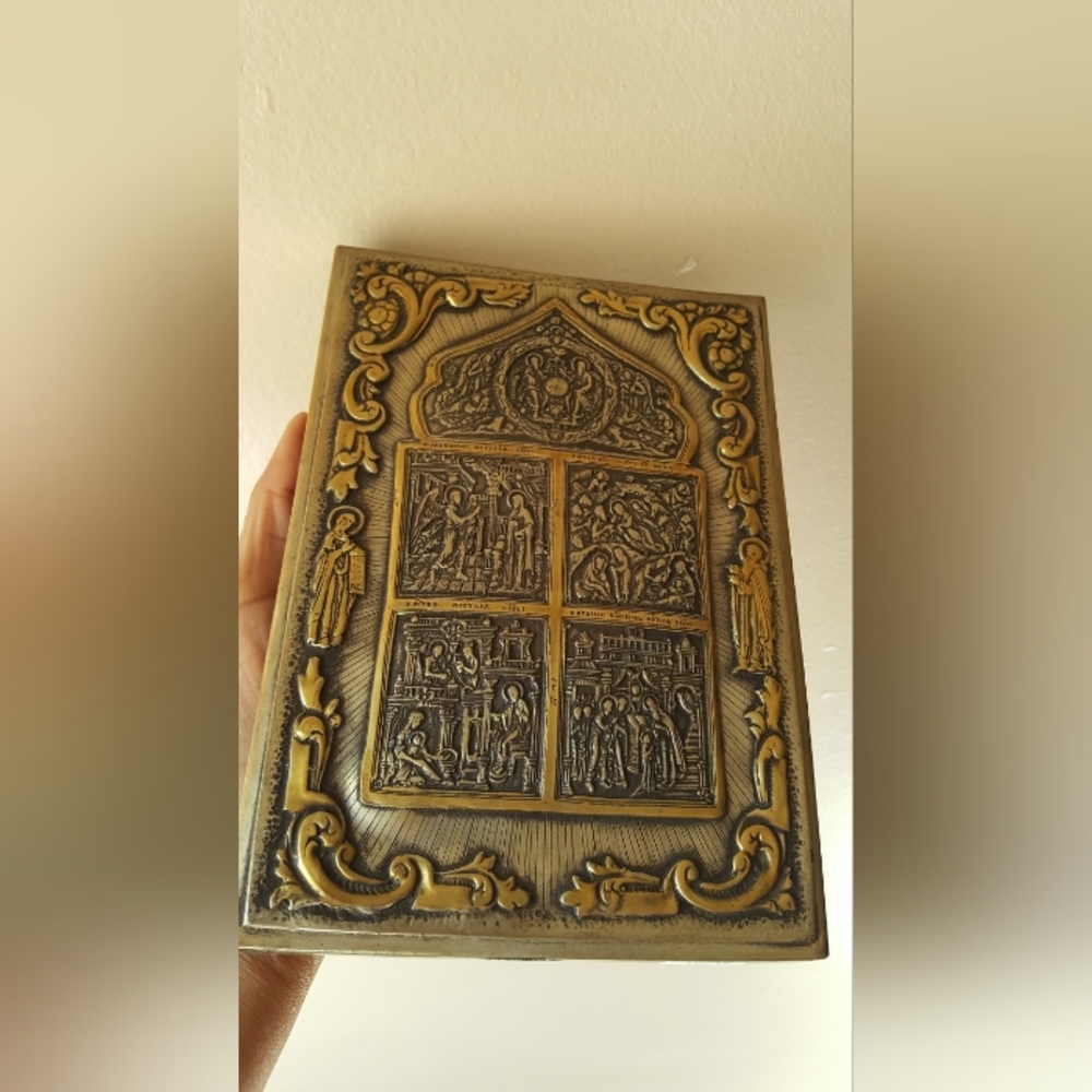 ANTIQUE Silver & Gilt Plated Plaque - Embossed With Nativity of The Christ Scene